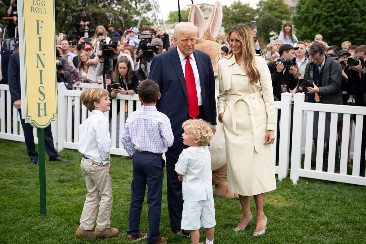 President Donald Trump and First Lady Melania Trump stop at the Cards for Troops activity at the White House Easter Egg Roll, Monday, April 21, 2025, on the South Lawn. (Official White House Photo by Andrea Hanks)