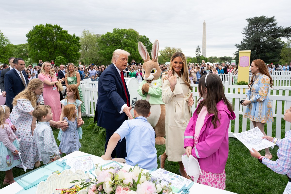 President Donald Trump and First Lady Melania Trump stop at the Cards for Troops activity at the White House Easter Egg Roll, Monday, April 21, 2025, on the South Lawn. (Official White House Photo by Andrea Hanks)
