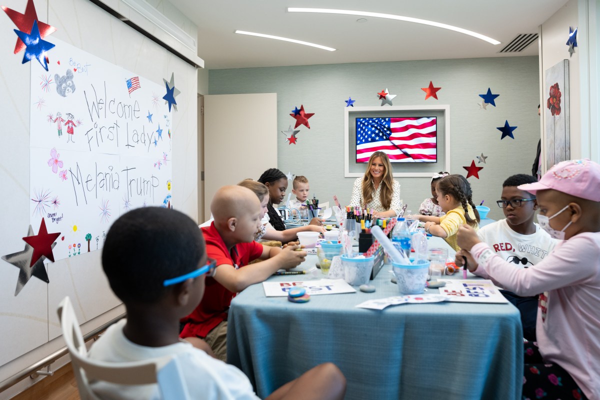 First Lady Melania Trump participates in a 4th of July arts and crafts activity with young patients at Children’s National Hospital in Washington, D.C., Thursday, July 3, 2025.(Official White House Photo by Andrea Hanks)