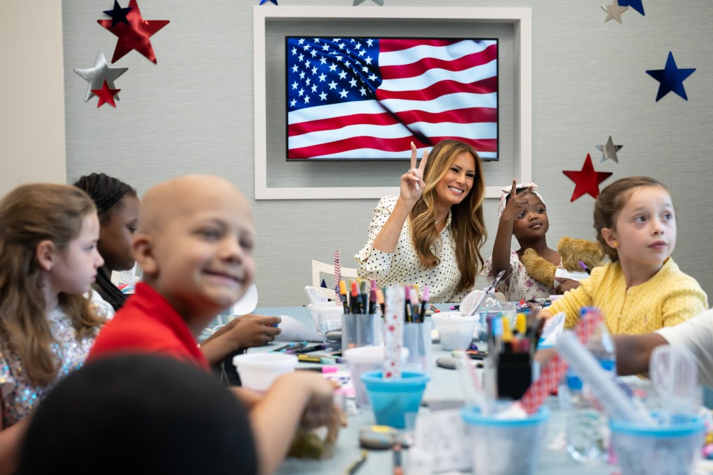 First Lady Melania Trump participates in a 4th of July arts and crafts activity with young patients at Children’s National Hospital in Washington, D.C., Thursday, July 3, 2025.(Official White House Photo by Andrea Hanks)