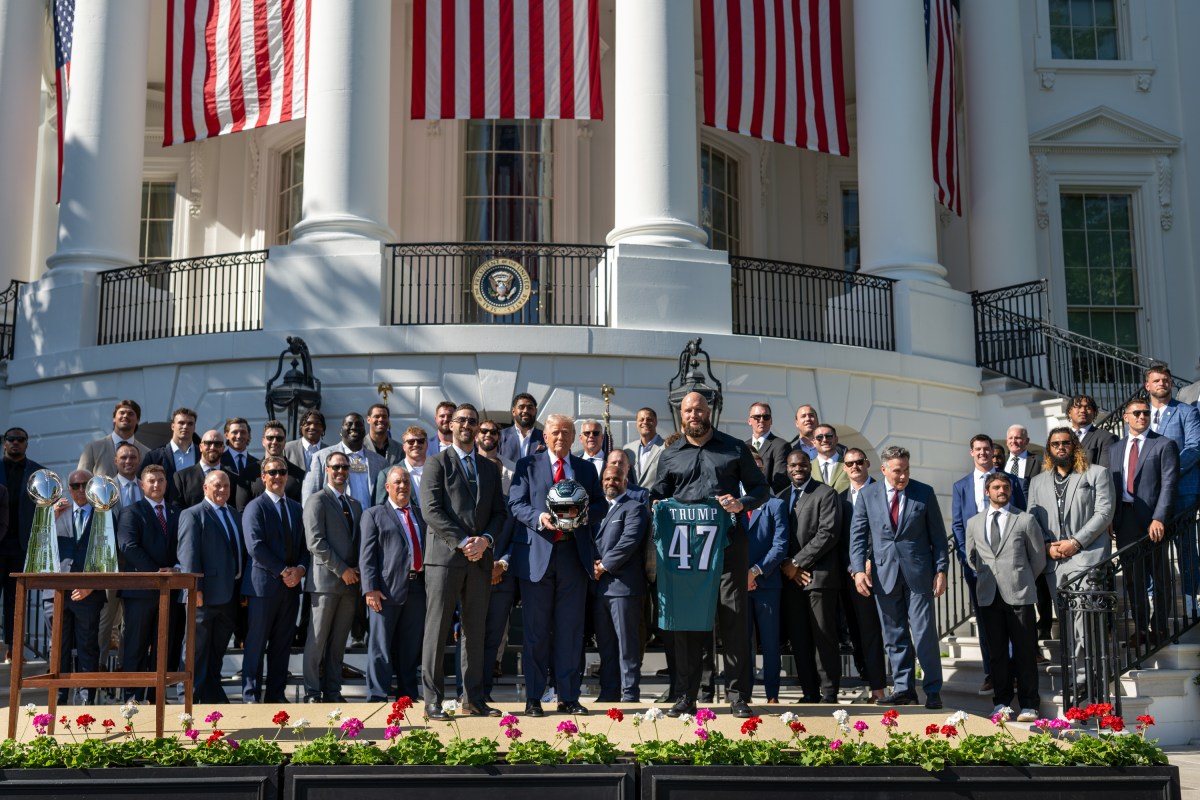 President Donald Trump, coach Nick Sirianni and Philadelphia Eagles offensive tackle Lane Johnson arrive to the South Lawn, Monday, April 28, 2025, for an event celebrating the team’s 2025 Super Bowl Championship.(Official White House Photo by Daniel Torok)