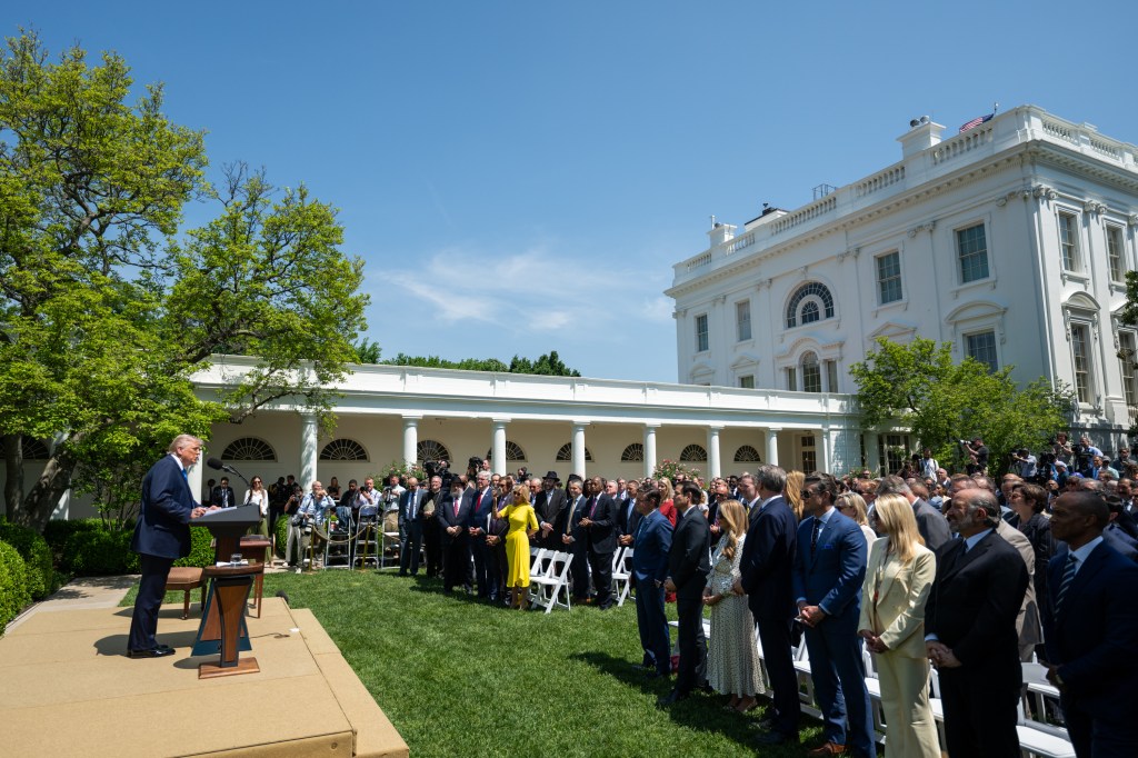 President Donald Trump delivers remarks at a National Day of Prayer event, Thursday, May 1, 2025, in the White House Rose Garden. (Official White House Photo by Joyce N. Boghosian)