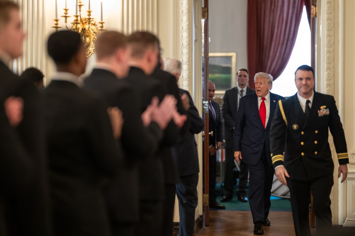 President Donald Trump greets members of the Navy Midshipmen football team from the U.S. Naval Academy, Tuesday, April 15, 2025, in the State Dining Room of the White House. (Official White House Photo by Daniel Torok)
