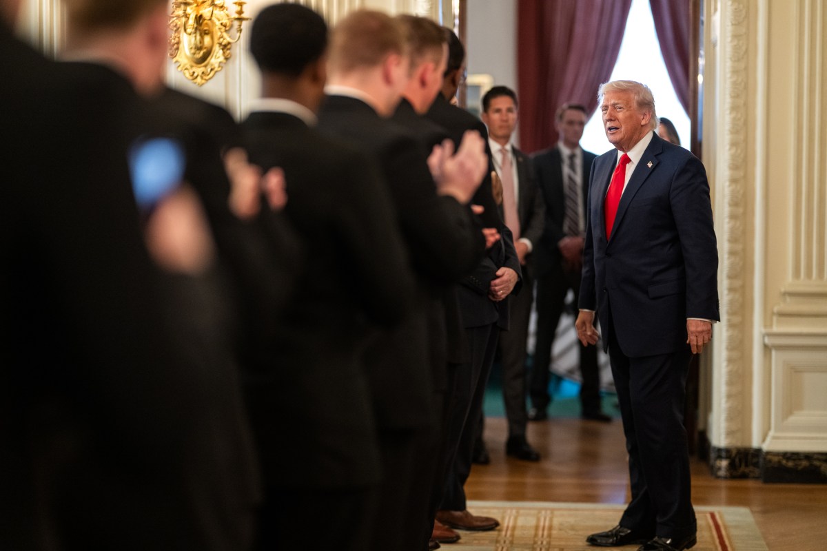 President Donald Trump greets members of the Navy Midshipmen football team from the U.S. Naval Academy, Tuesday, April 15, 2025, in the State Dining Room of the White House. (Official White House Photo by Daniel Torok)