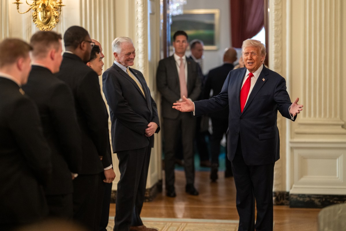 President Donald Trump greets members of the Navy Midshipmen football team from the U.S. Naval Academy, Tuesday, April 15, 2025, in the State Dining Room of the White House. (Official White House Photo by Daniel Torok)
