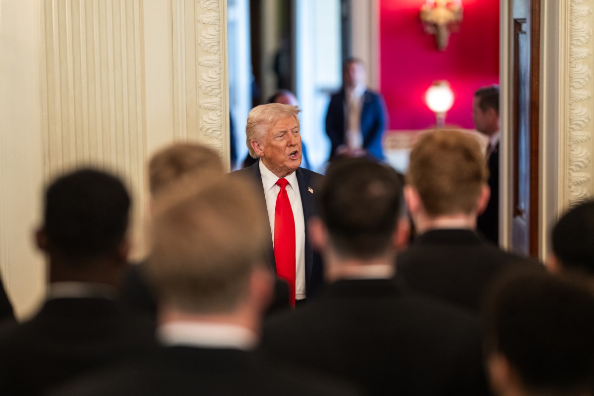 President Donald Trump greets members of the Navy Midshipmen football team from the U.S. Naval Academy, Tuesday, April 15, 2025, in the State Dining Room of the White House. (Official White House Photo by Daniel Torok)