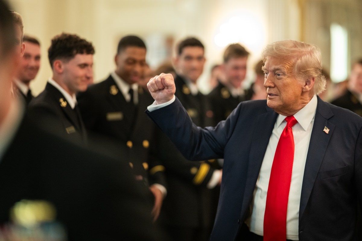 President Donald Trump greets members of the Navy Midshipmen football team from the U.S. Naval Academy, Tuesday, April 15, 2025, in the State Dining Room of the White House. (Official White House Photo by Daniel Torok)