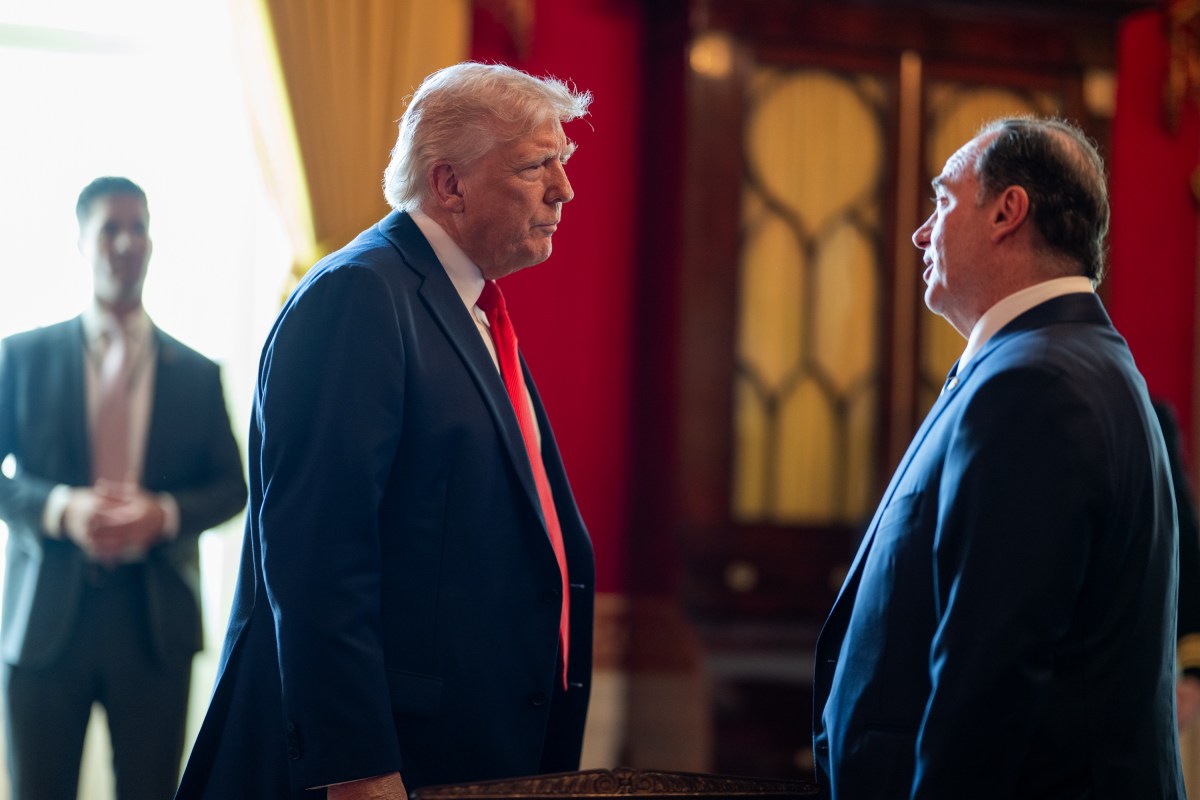 President Donald Trump greets members of the Navy Midshipmen football team from the U.S. Naval Academy, Tuesday, April 15, 2025, in the State Dining Room of the White House. (Official White House Photo by Daniel Torok)