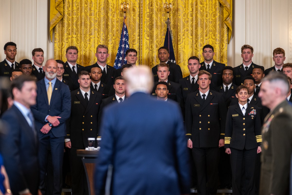 President Donald Trump greets members of the Navy Midshipmen football team from the U.S. Naval Academy, Tuesday, April 15, 2025, in the State Dining Room of the White House. (Official White House Photo by Daniel Torok)