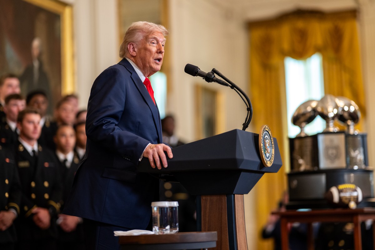 President Donald Trump greets members of the Navy Midshipmen football team from the U.S. Naval Academy, Tuesday, April 15, 2025, in the State Dining Room of the White House. (Official White House Photo by Daniel Torok)