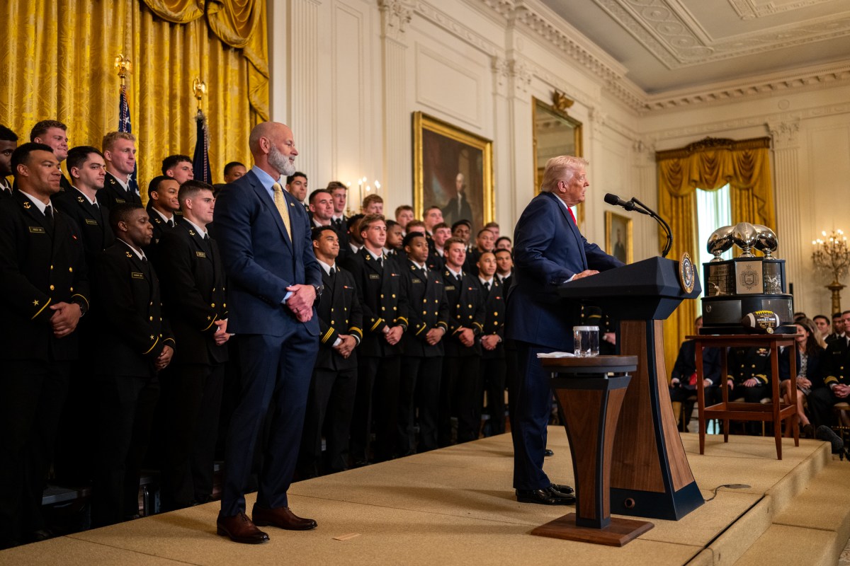 President Donald Trump greets members of the Navy Midshipmen football team from the U.S. Naval Academy, Tuesday, April 15, 2025, in the State Dining Room of the White House. (Official White House Photo by Daniel Torok)