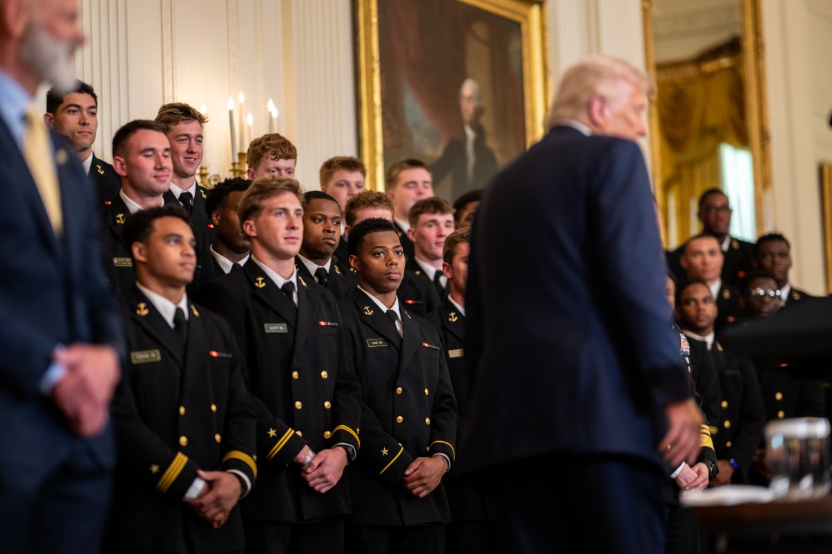 President Donald Trump greets members of the Navy Midshipmen football team from the U.S. Naval Academy, Tuesday, April 15, 2025, in the State Dining Room of the White House. (Official White House Photo by Daniel Torok)