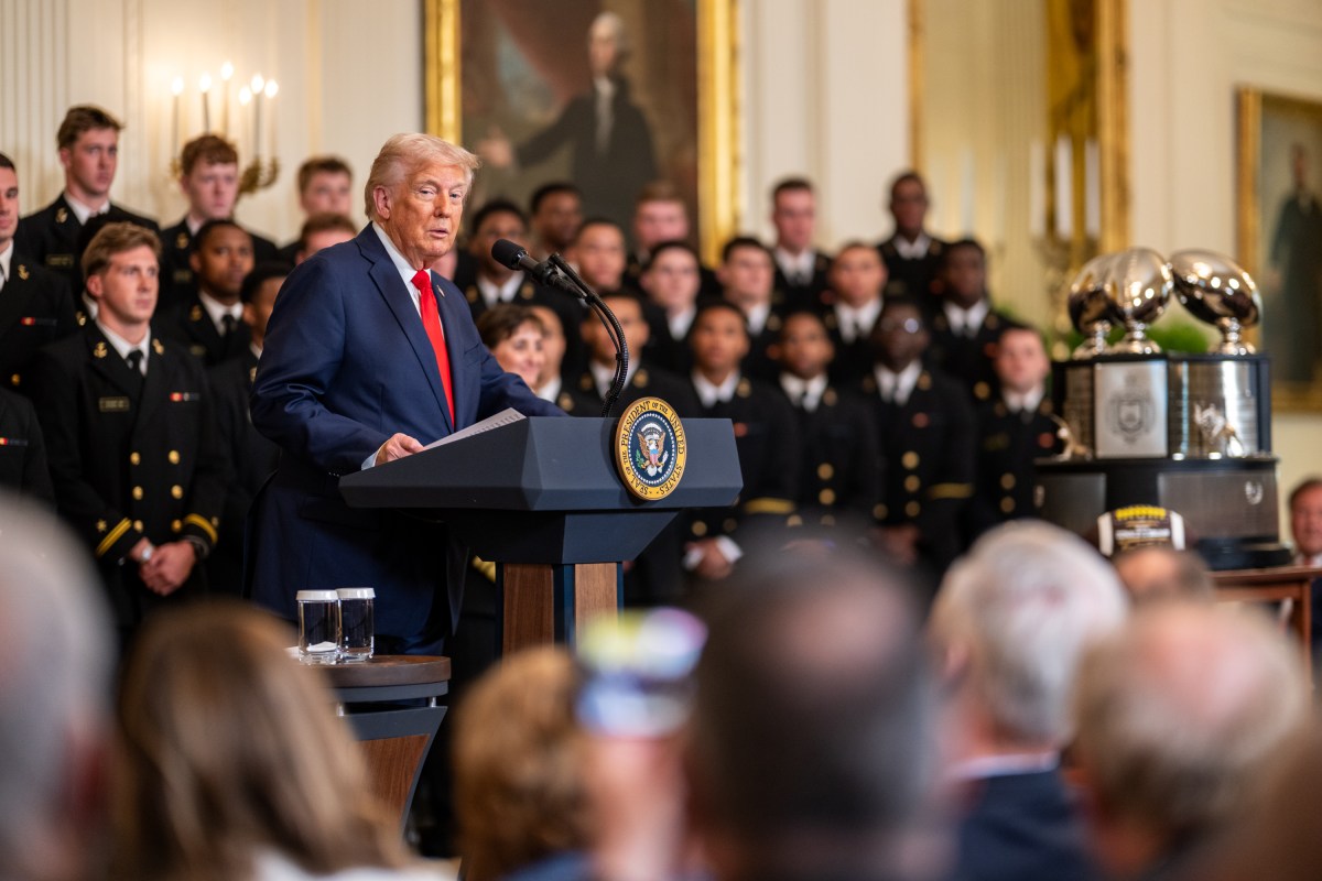 President Donald Trump greets members of the Navy Midshipmen football team from the U.S. Naval Academy, Tuesday, April 15, 2025, in the State Dining Room of the White House. (Official White House Photo by Daniel Torok)