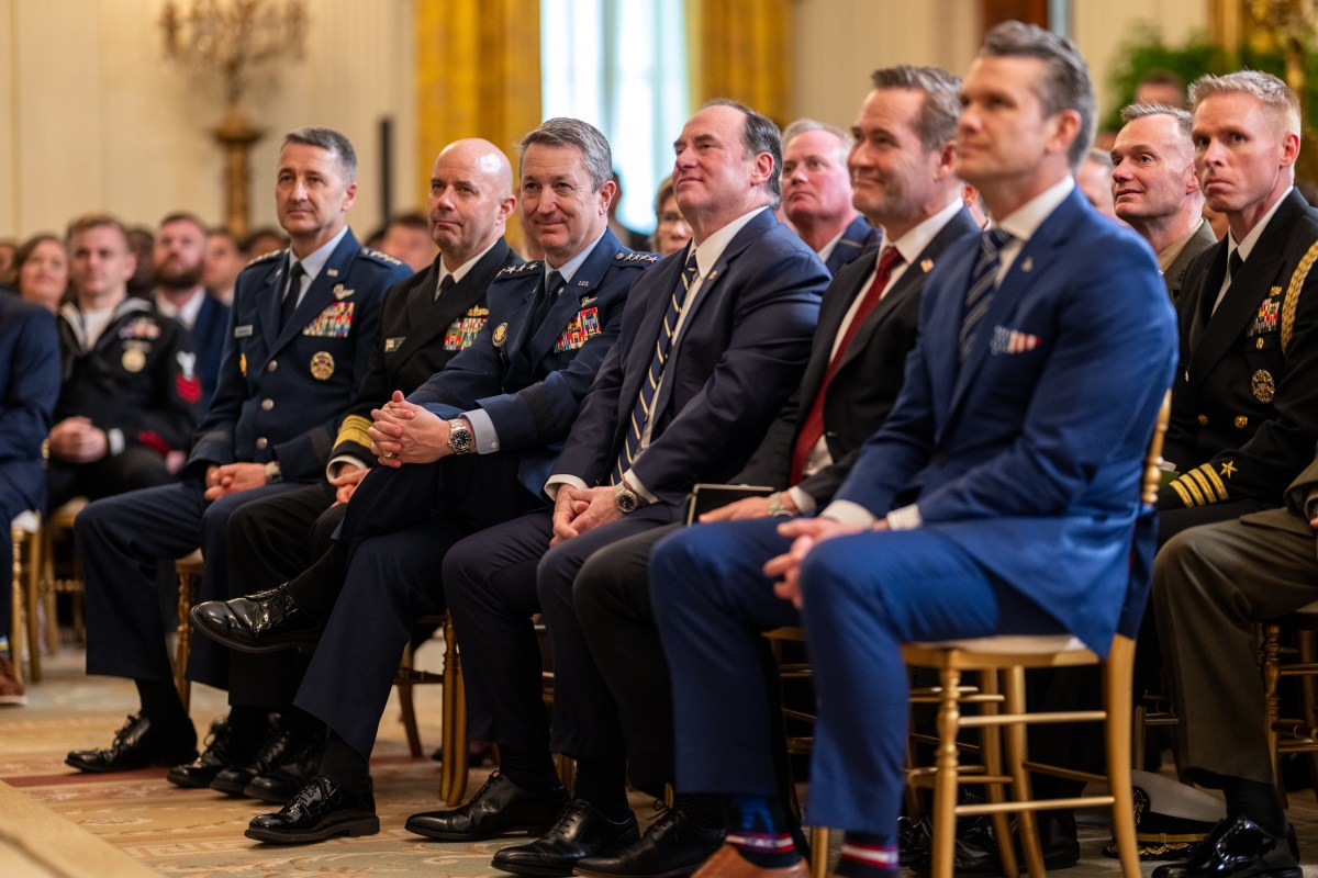 President Donald Trump greets members of the Navy Midshipmen football team from the U.S. Naval Academy, Tuesday, April 15, 2025, in the State Dining Room of the White House. (Official White House Photo by Daniel Torok)