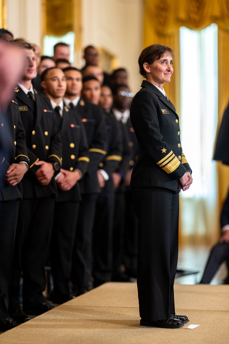 President Donald Trump greets members of the Navy Midshipmen football team from the U.S. Naval Academy, Tuesday, April 15, 2025, in the State Dining Room of the White House. (Official White House Photo by Daniel Torok)