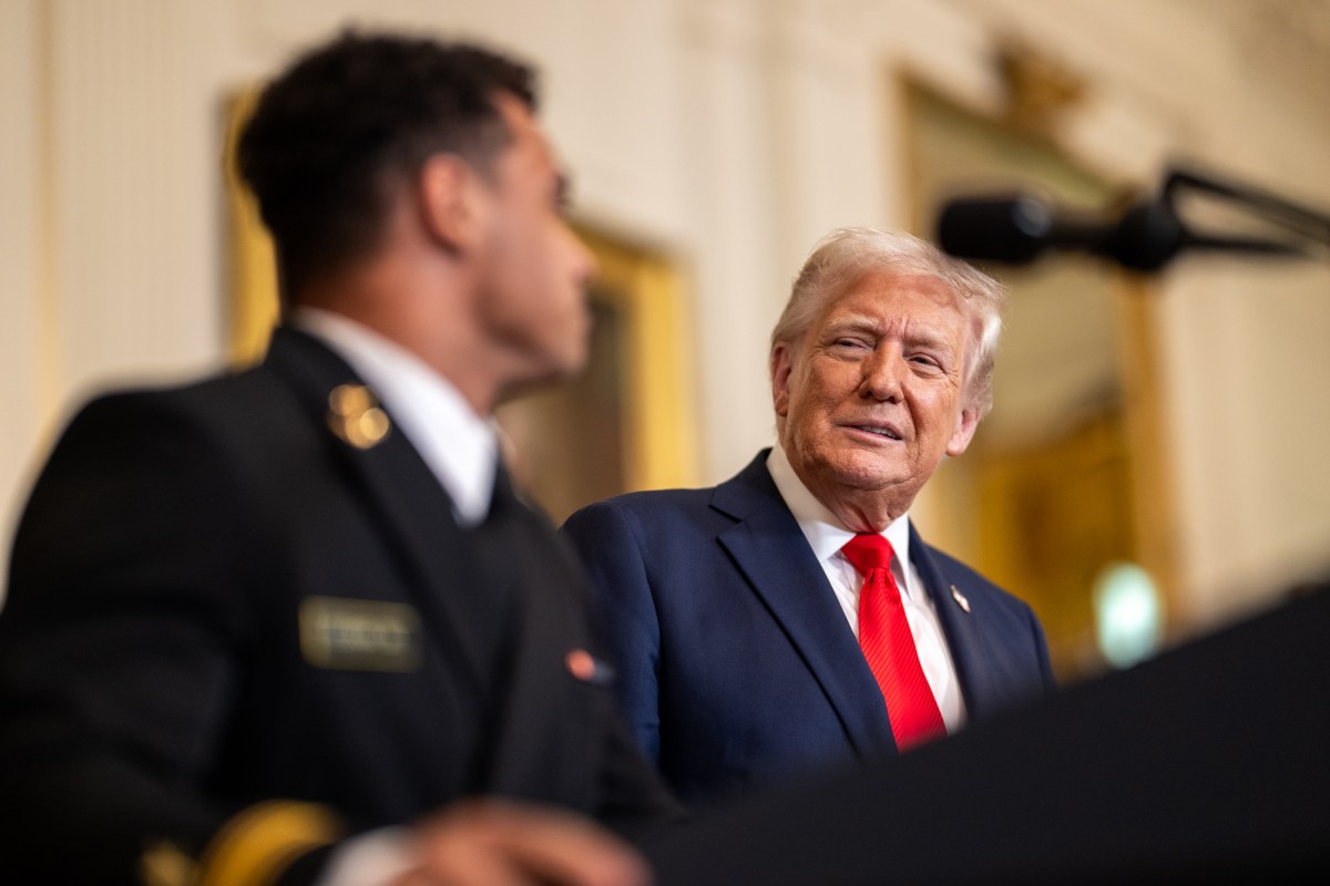 President Donald Trump greets members of the Navy Midshipmen football team from the U.S. Naval Academy, Tuesday, April 15, 2025, in the State Dining Room of the White House. (Official White House Photo by Daniel Torok)