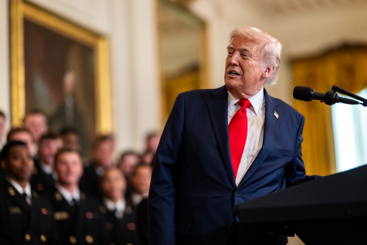 President Donald Trump greets members of the Navy Midshipmen football team from the U.S. Naval Academy, Tuesday, April 15, 2025, in the State Dining Room of the White House. (Official White House Photo by Daniel Torok)