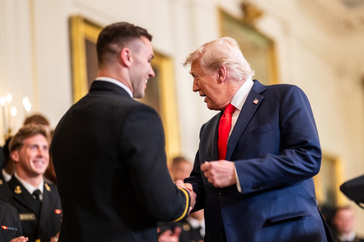 President Donald Trump greets members of the Navy Midshipmen football team from the U.S. Naval Academy, Tuesday, April 15, 2025, in the State Dining Room of the White House. (Official White House Photo by Daniel Torok)