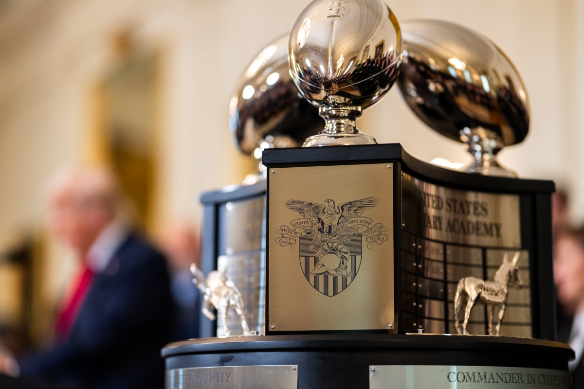 President Donald Trump greets members of the Navy Midshipmen football team from the U.S. Naval Academy, Tuesday, April 15, 2025, in the State Dining Room of the White House. (Official White House Photo by Daniel Torok)