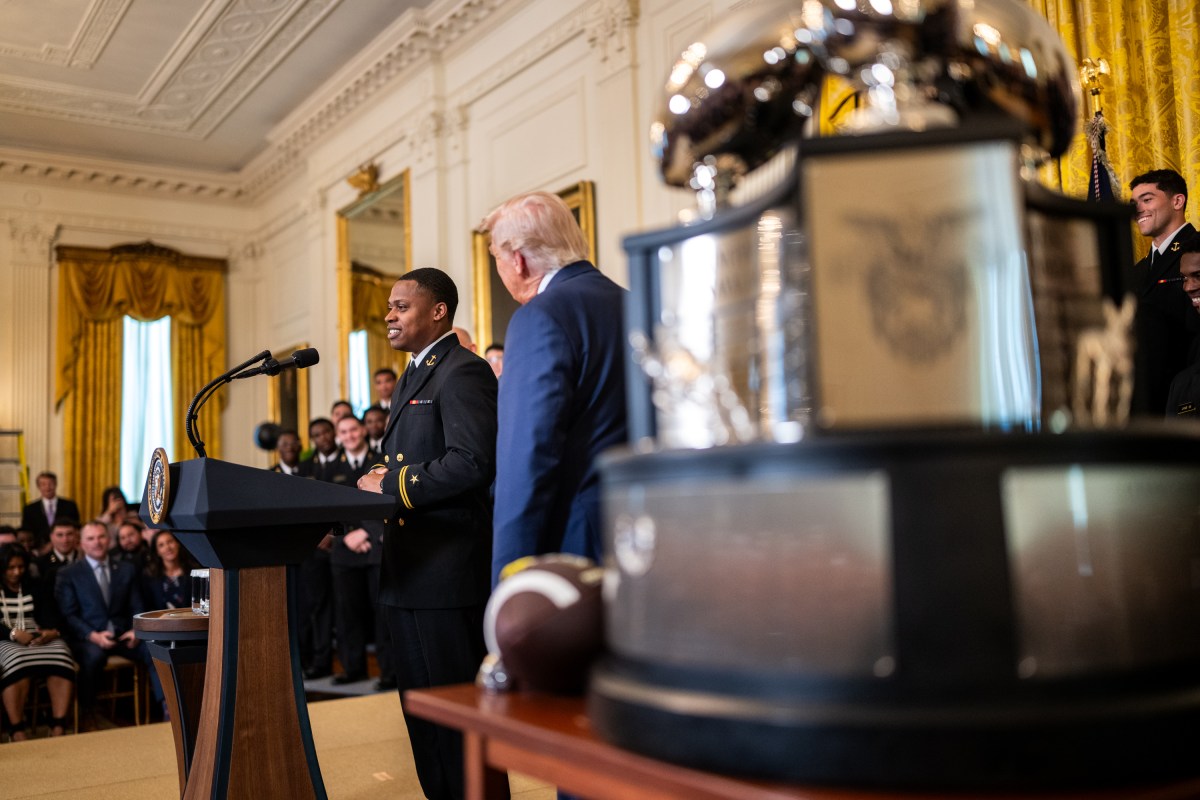 President Donald Trump greets members of the Navy Midshipmen football team from the U.S. Naval Academy, Tuesday, April 15, 2025, in the State Dining Room of the White House. (Official White House Photo by Daniel Torok)