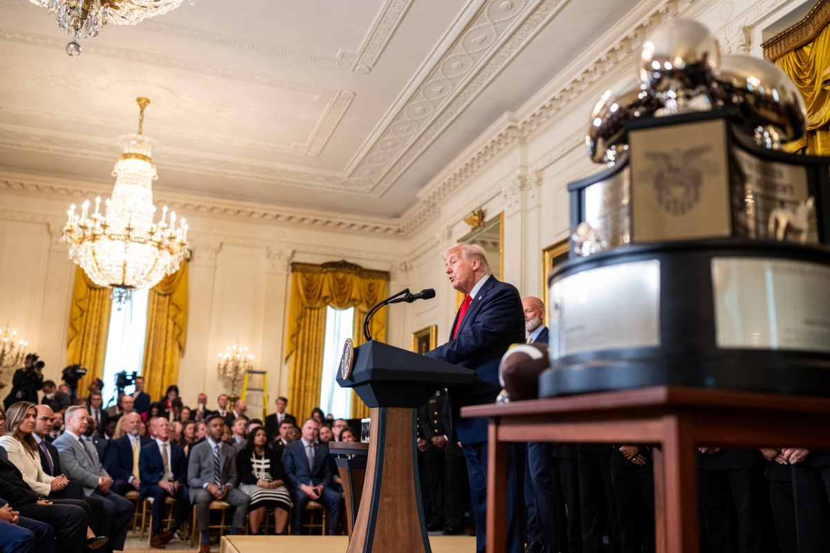 President Donald Trump greets members of the Navy Midshipmen football team from the U.S. Naval Academy, Tuesday, April 15, 2025, in the State Dining Room of the White House. (Official White House Photo by Daniel Torok)