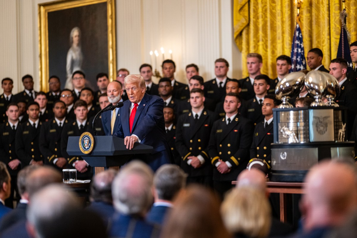 President Donald Trump greets members of the Navy Midshipmen football team from the U.S. Naval Academy, Tuesday, April 15, 2025, in the State Dining Room of the White House. (Official White House Photo by Daniel Torok)