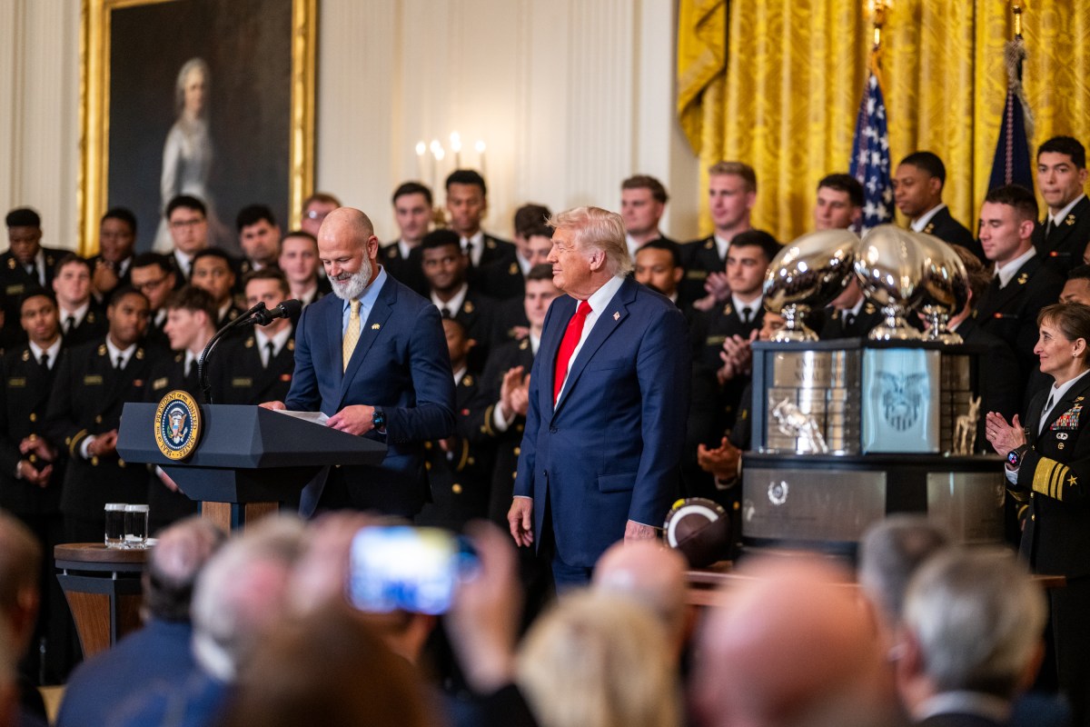 President Donald Trump greets members of the Navy Midshipmen football team from the U.S. Naval Academy, Tuesday, April 15, 2025, in the State Dining Room of the White House. (Official White House Photo by Daniel Torok)