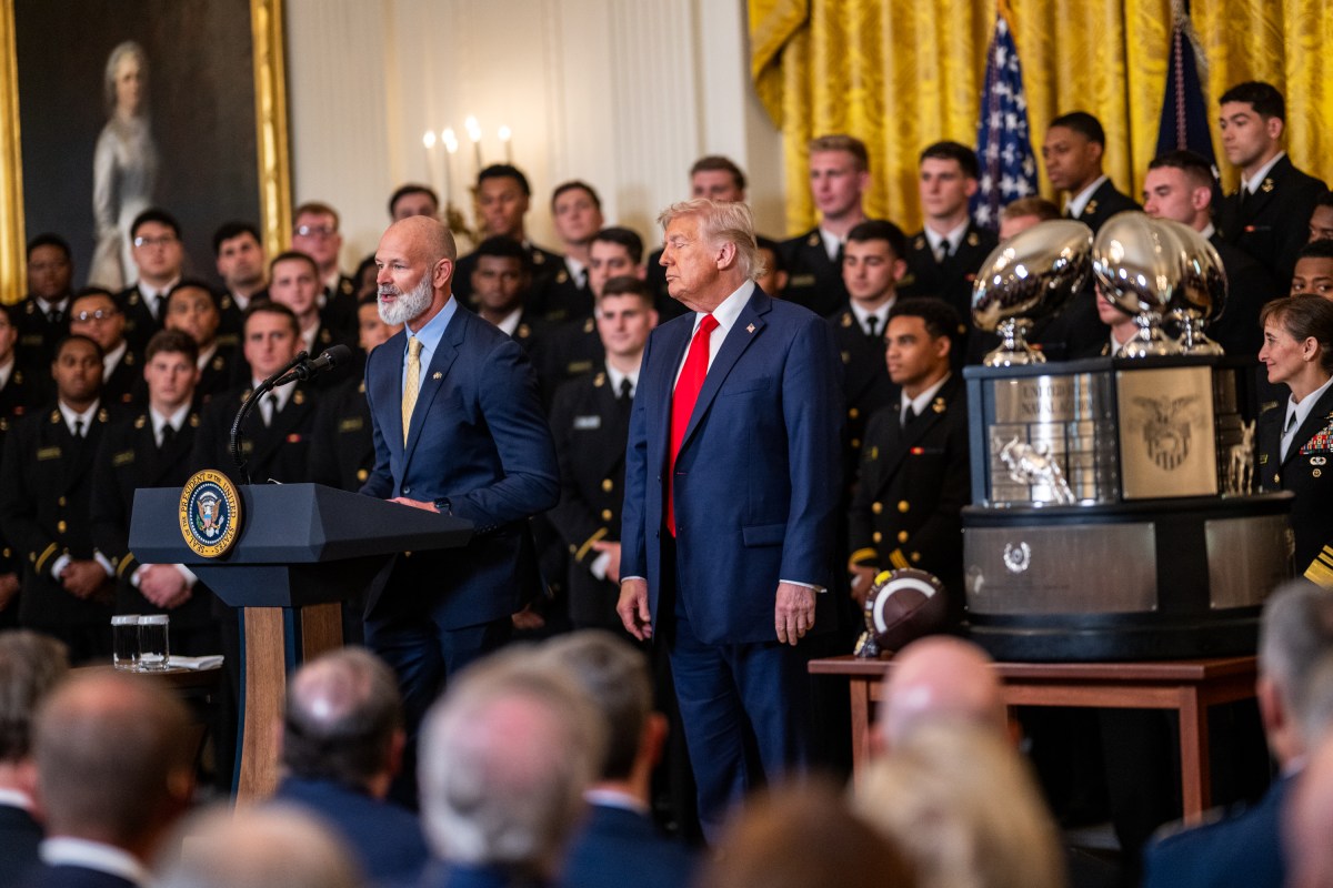 President Donald Trump greets members of the Navy Midshipmen football team from the U.S. Naval Academy, Tuesday, April 15, 2025, in the State Dining Room of the White House. (Official White House Photo by Daniel Torok)