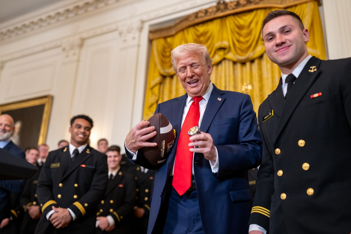 President Donald Trump greets members of the Navy Midshipmen football team from the U.S. Naval Academy, Tuesday, April 15, 2025, in the State Dining Room of the White House. (Official White House Photo by Daniel Torok)
