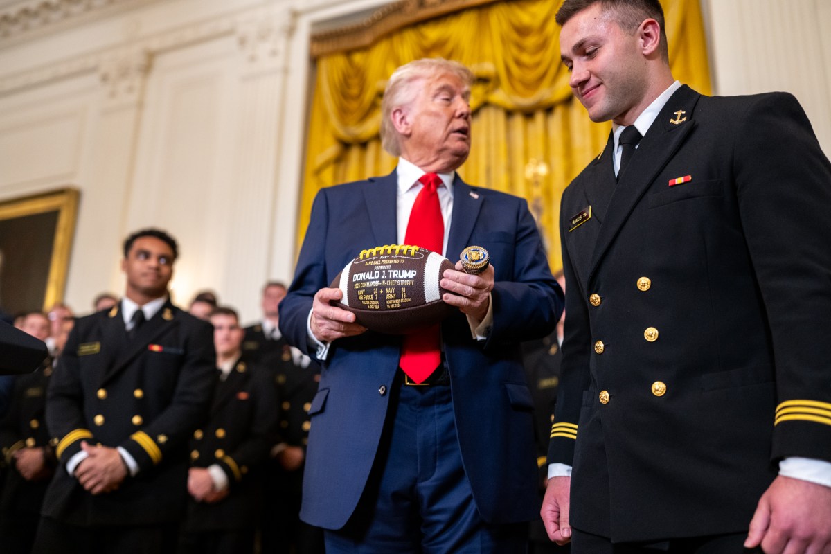 President Donald Trump greets members of the Navy Midshipmen football team from the U.S. Naval Academy, Tuesday, April 15, 2025, in the State Dining Room of the White House. (Official White House Photo by Daniel Torok)