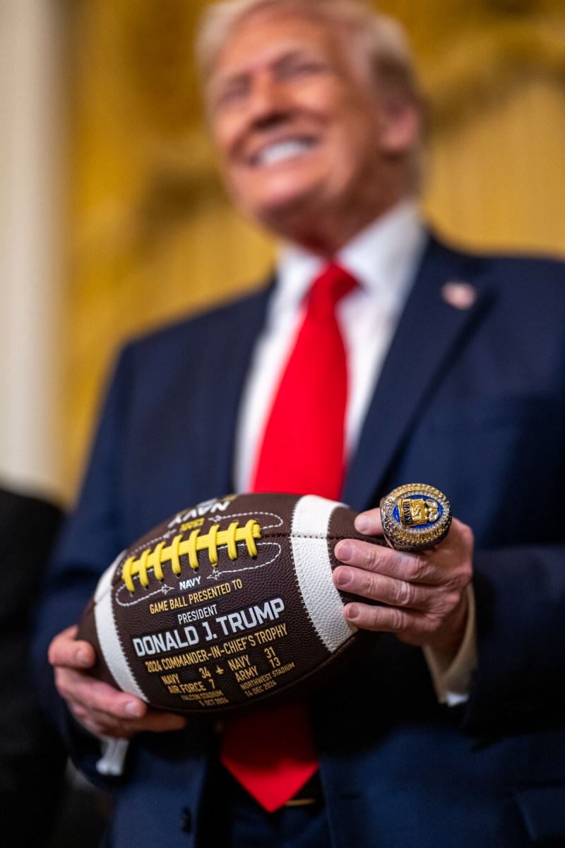 President Donald Trump greets members of the Navy Midshipmen football team from the U.S. Naval Academy, Tuesday, April 15, 2025, in the State Dining Room of the White House. (Official White House Photo by Daniel Torok)