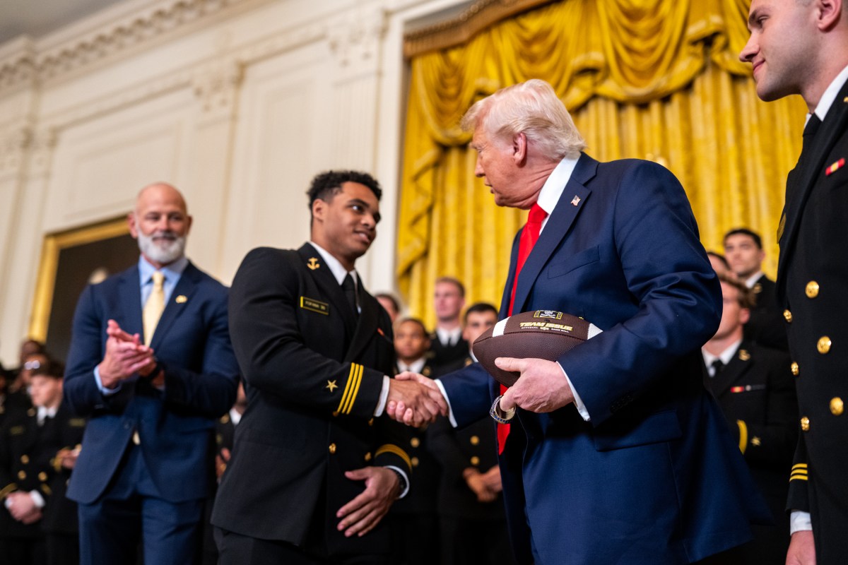 President Donald Trump greets members of the Navy Midshipmen football team from the U.S. Naval Academy, Tuesday, April 15, 2025, in the State Dining Room of the White House. (Official White House Photo by Daniel Torok)
