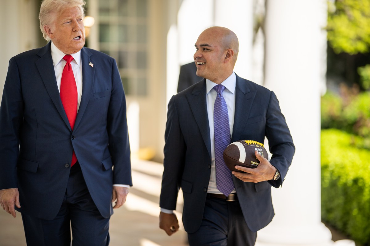 President Donald Trump greets members of the Navy Midshipmen football team from the U.S. Naval Academy, Tuesday, April 15, 2025, in the State Dining Room of the White House. (Official White House Photo by Daniel Torok)