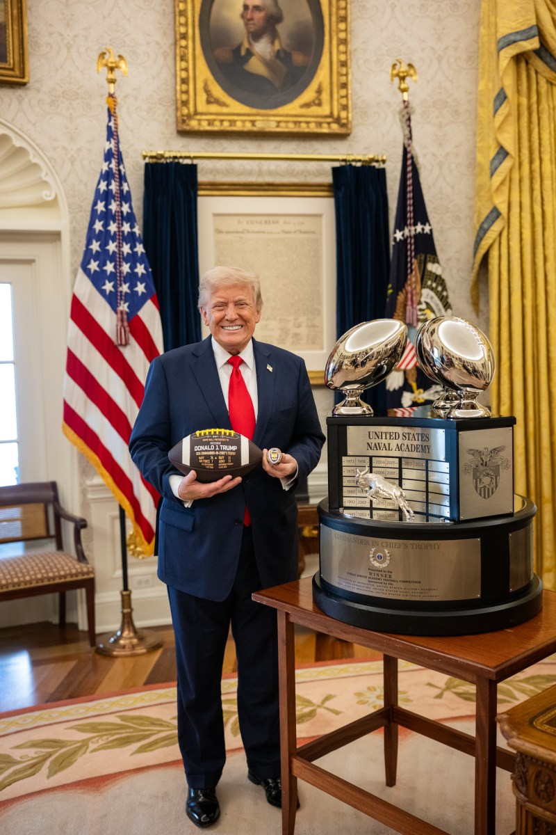 President Donald Trump greets members of the Navy Midshipmen football team from the U.S. Naval Academy, Tuesday, April 15, 2025, in the State Dining Room of the White House. (Official White House Photo by Daniel Torok)