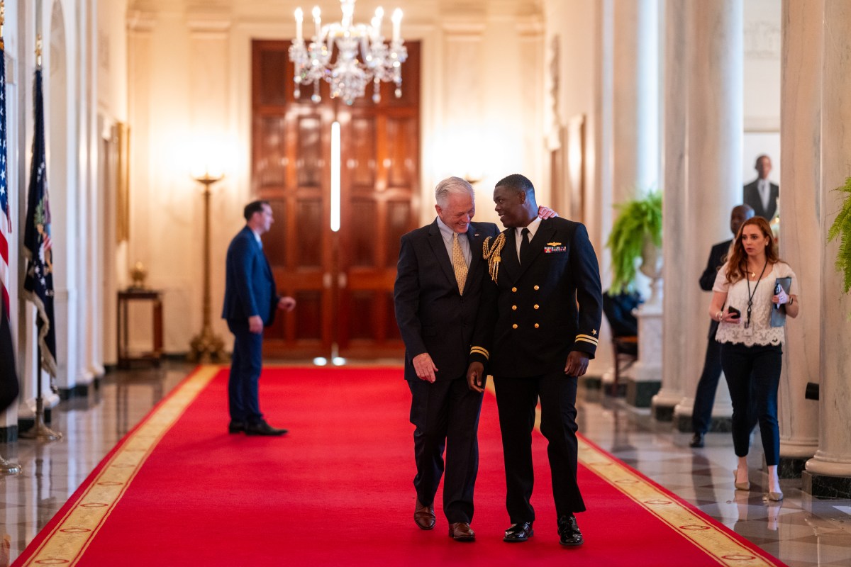 President Donald Trump greets members of the Navy Midshipmen football team from the U.S. Naval Academy, Tuesday, April 15, 2025, in the State Dining Room of the White House. (Official White House Photo by Joyce N. Boghosian)