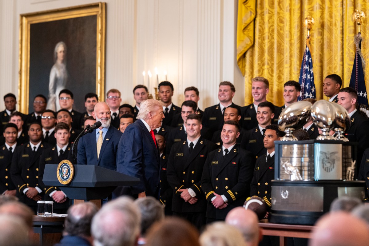 President Donald Trump greets members of the Navy Midshipmen football team from the U.S. Naval Academy, Tuesday, April 15, 2025, in the State Dining Room of the White House. (Official White House Photo by Joyce N. Boghosian)