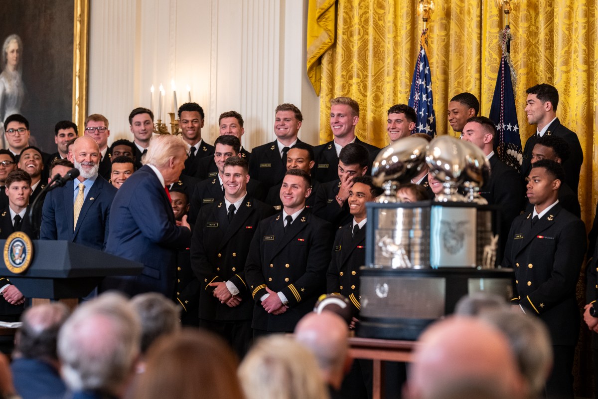 President Donald Trump greets members of the Navy Midshipmen football team from the U.S. Naval Academy, Tuesday, April 15, 2025, in the State Dining Room of the White House. (Official White House Photo by Joyce N. Boghosian)