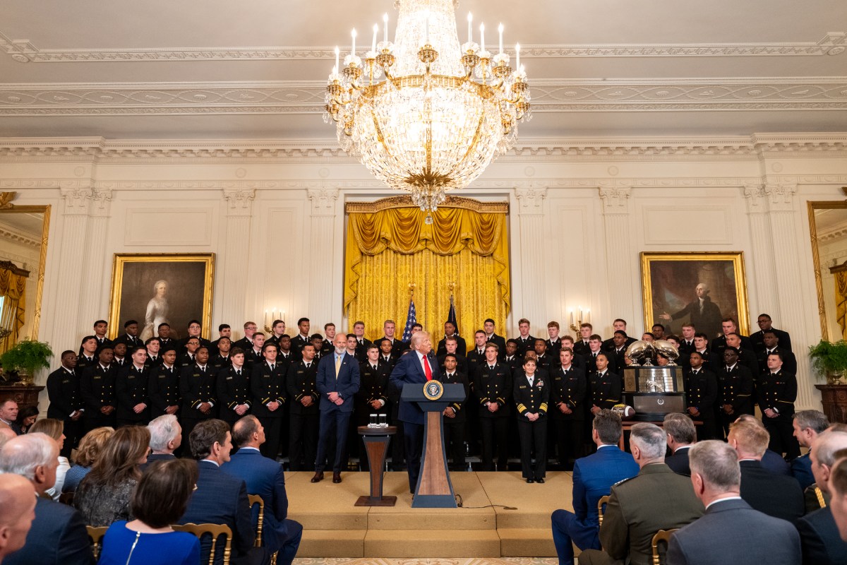 President Donald Trump greets members of the Navy Midshipmen football team from the U.S. Naval Academy, Tuesday, April 15, 2025, in the State Dining Room of the White House. (Official White House Photo by Joyce N. Boghosian)
