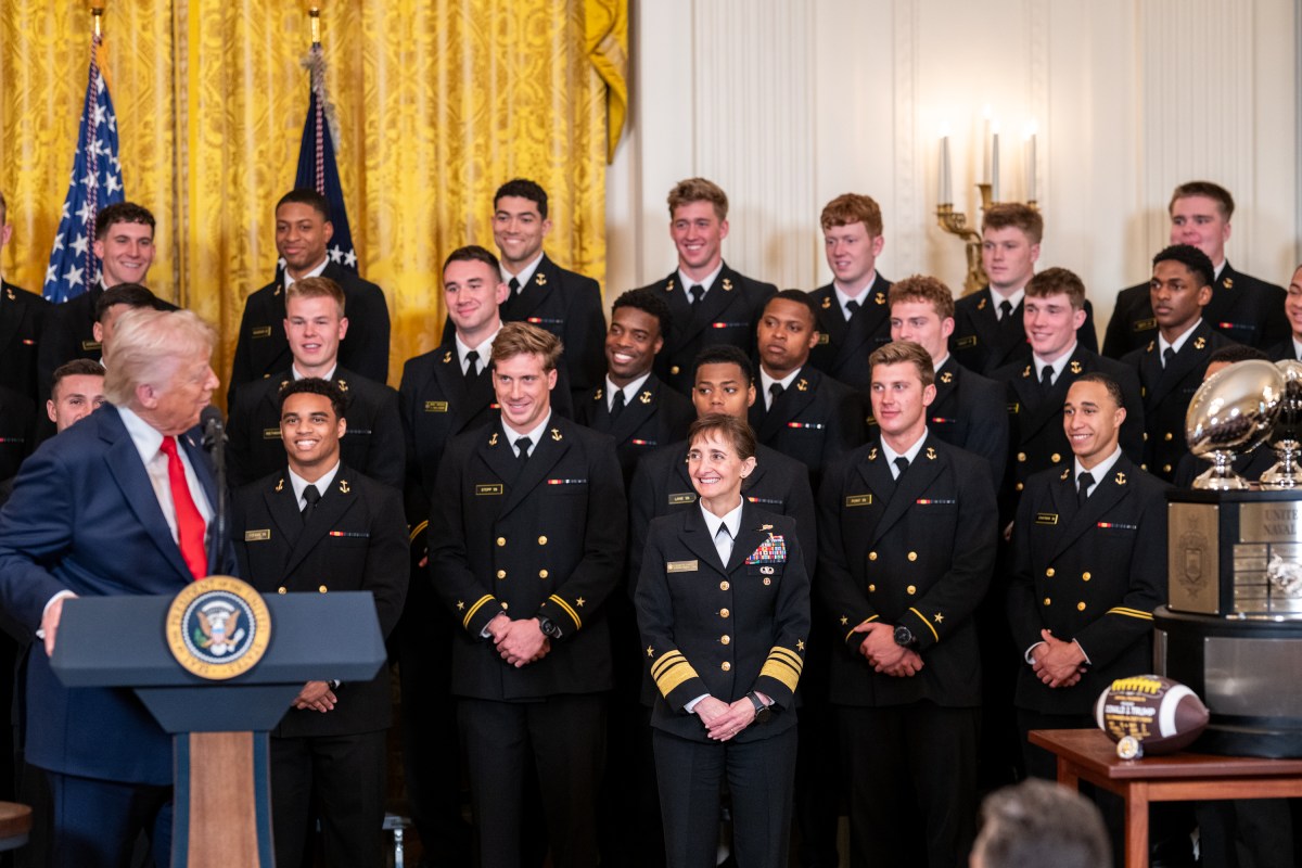 President Donald Trump greets members of the Navy Midshipmen football team from the U.S. Naval Academy, Tuesday, April 15, 2025, in the State Dining Room of the White House. (Official White House Photo by Joyce N. Boghosian)