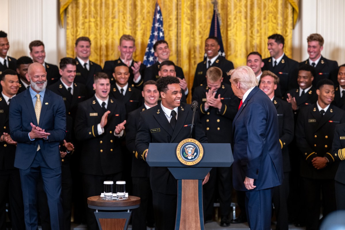 President Donald Trump greets members of the Navy Midshipmen football team from the U.S. Naval Academy, Tuesday, April 15, 2025, in the State Dining Room of the White House. (Official White House Photo by Joyce N. Boghosian)