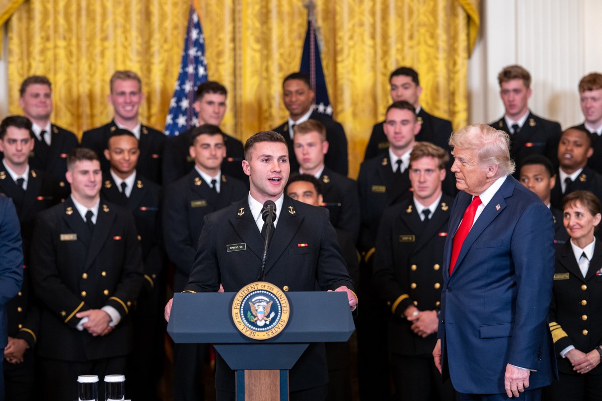 President Donald Trump greets members of the Navy Midshipmen football team from the U.S. Naval Academy, Tuesday, April 15, 2025, in the State Dining Room of the White House. (Official White House Photo by Joyce N. Boghosian)