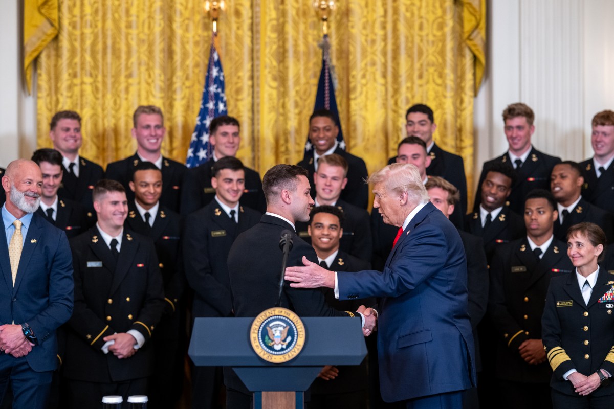 President Donald Trump greets members of the Navy Midshipmen football team from the U.S. Naval Academy, Tuesday, April 15, 2025, in the State Dining Room of the White House. (Official White House Photo by Joyce N. Boghosian)