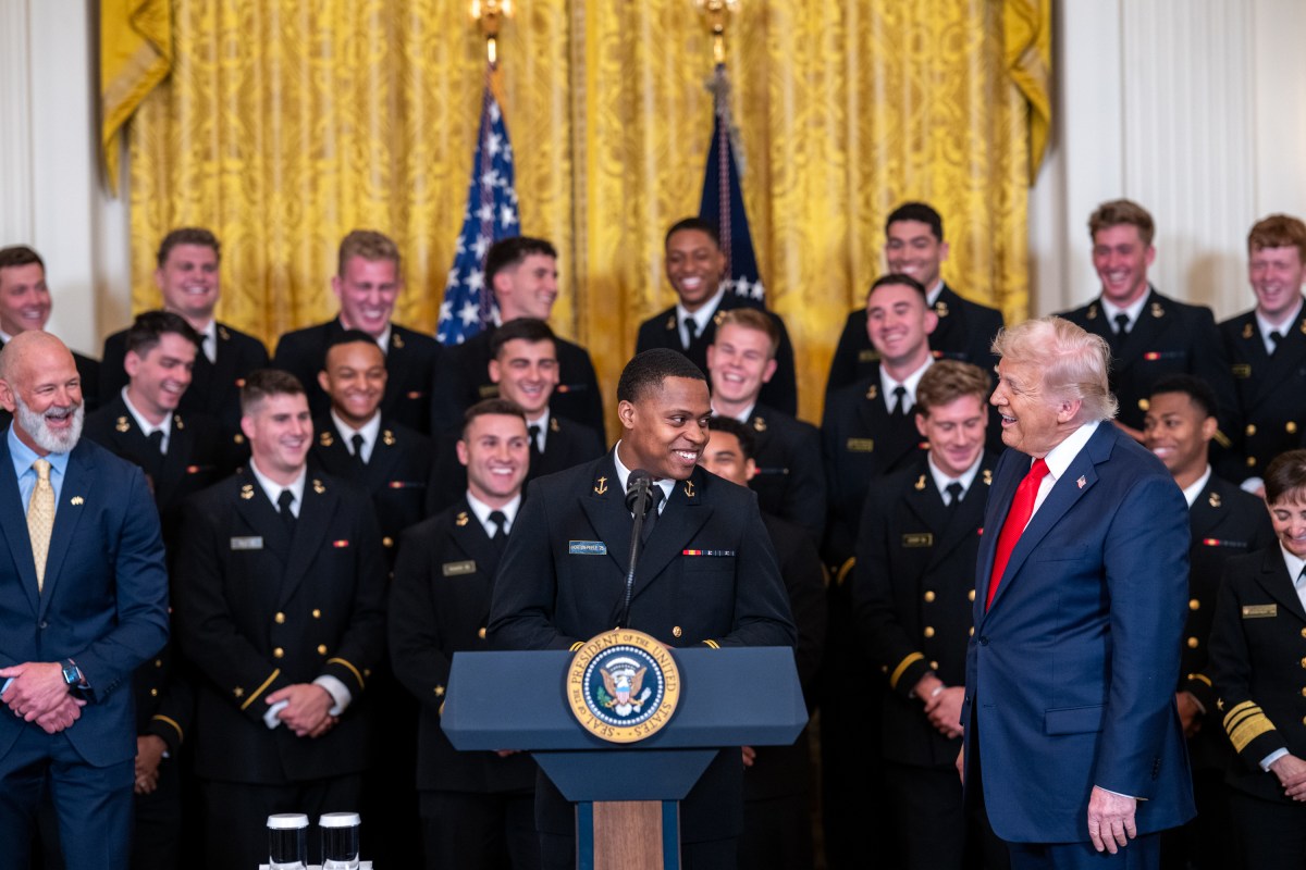 President Donald Trump greets members of the Navy Midshipmen football team from the U.S. Naval Academy, Tuesday, April 15, 2025, in the State Dining Room of the White House. (Official White House Photo by Joyce N. Boghosian)