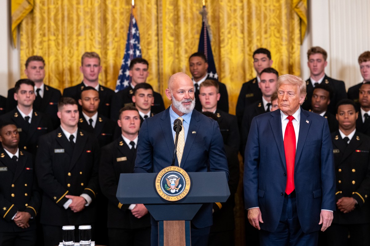 President Donald Trump greets members of the Navy Midshipmen football team from the U.S. Naval Academy, Tuesday, April 15, 2025, in the State Dining Room of the White House. (Official White House Photo by Joyce N. Boghosian)