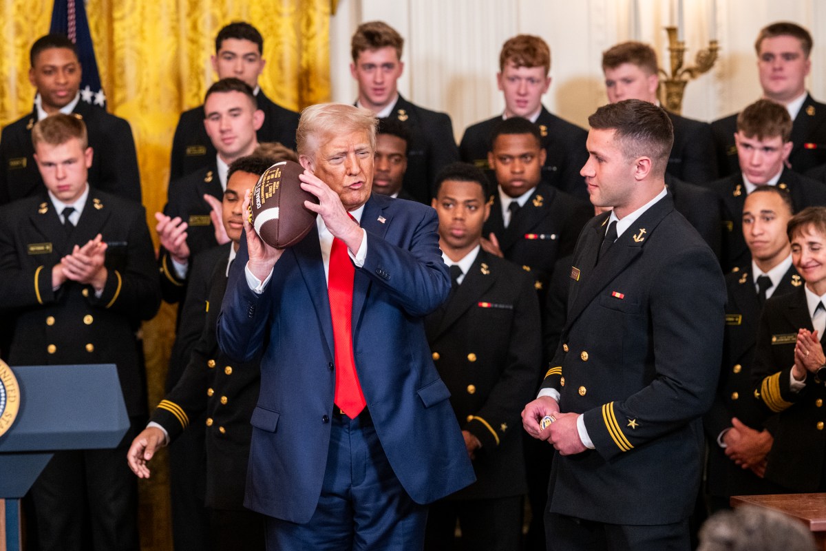 President Donald Trump greets members of the Navy Midshipmen football team from the U.S. Naval Academy, Tuesday, April 15, 2025, in the State Dining Room of the White House. (Official White House Photo by Joyce N. Boghosian)