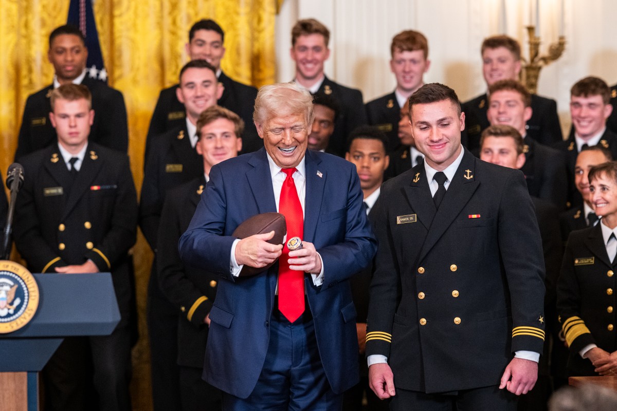 President Donald Trump greets members of the Navy Midshipmen football team from the U.S. Naval Academy, Tuesday, April 15, 2025, in the State Dining Room of the White House. (Official White House Photo by Joyce N. Boghosian)