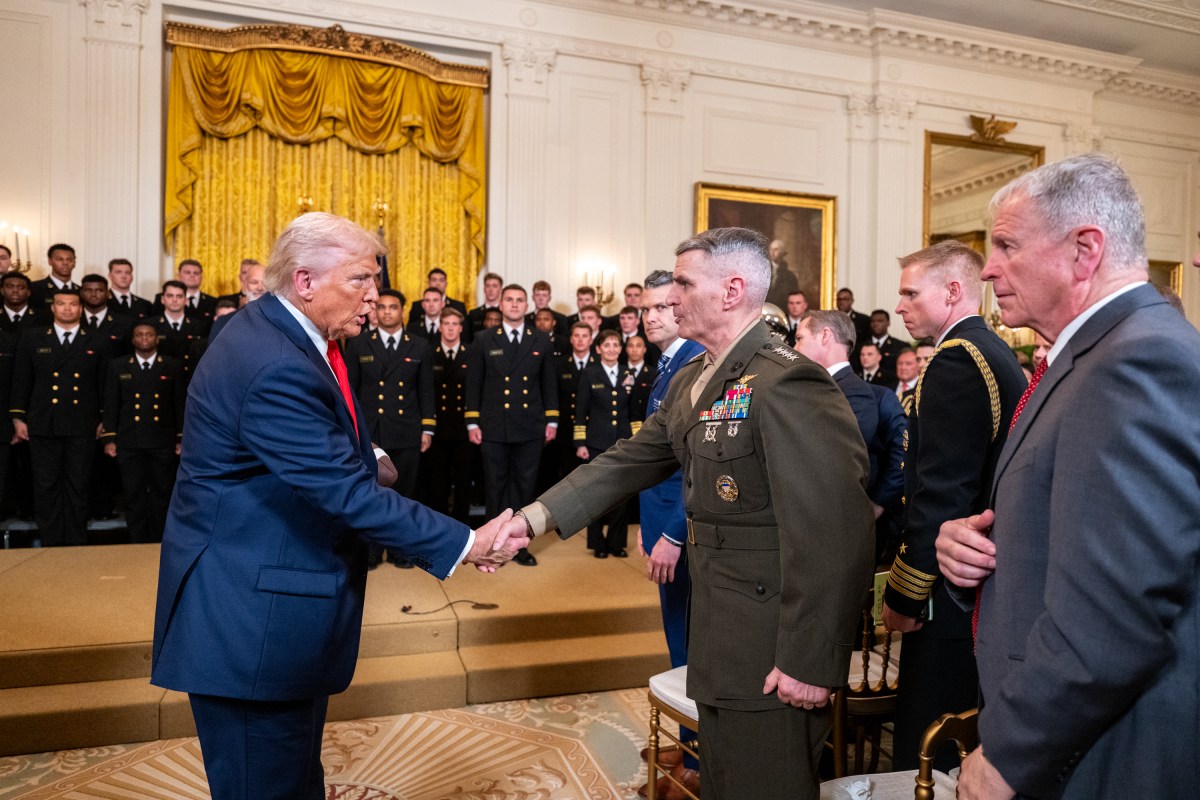 President Donald Trump greets members of the Navy Midshipmen football team from the U.S. Naval Academy, Tuesday, April 15, 2025, in the State Dining Room of the White House. (Official White House Photo by Joyce N. Boghosian)