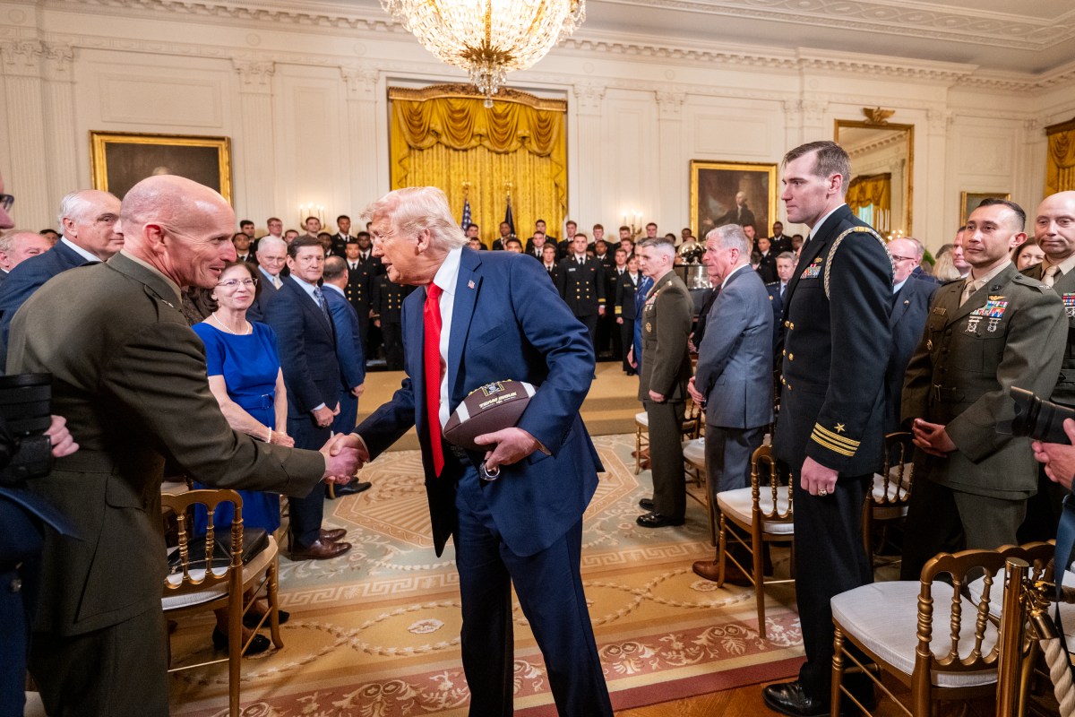 President Donald Trump greets members of the Navy Midshipmen football team from the U.S. Naval Academy, Tuesday, April 15, 2025, in the State Dining Room of the White House. (Official White House Photo by Joyce N. Boghosian)