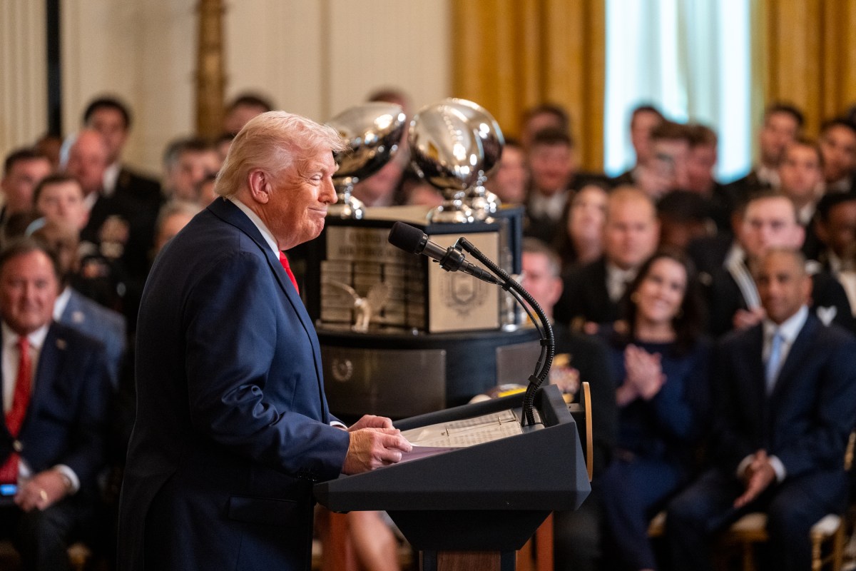 President Donald Trump greets members of the Navy Midshipmen football team from the U.S. Naval Academy, Tuesday, April 15, 2025, in the State Dining Room of the White House. (Official White House Photo by Molly Riley)