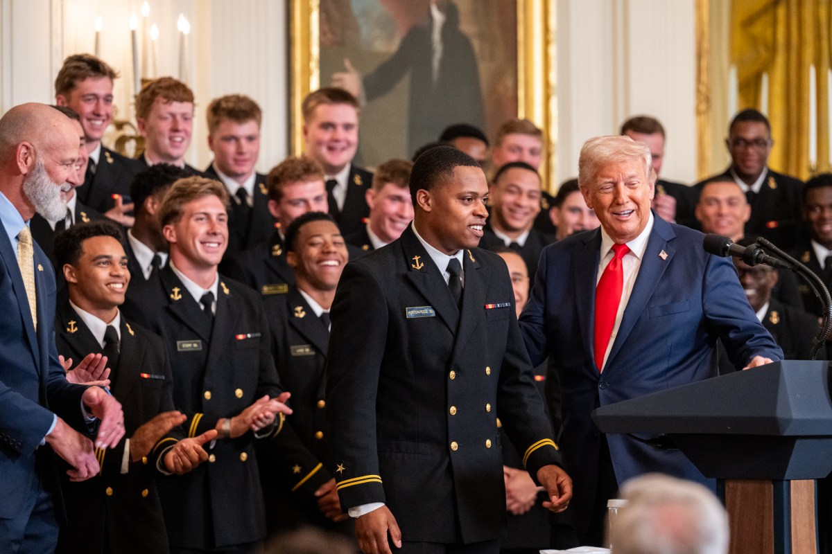 President Donald Trump greets members of the Navy Midshipmen football team from the U.S. Naval Academy, Tuesday, April 15, 2025, in the State Dining Room of the White House. (Official White House Photo by Molly Riley)